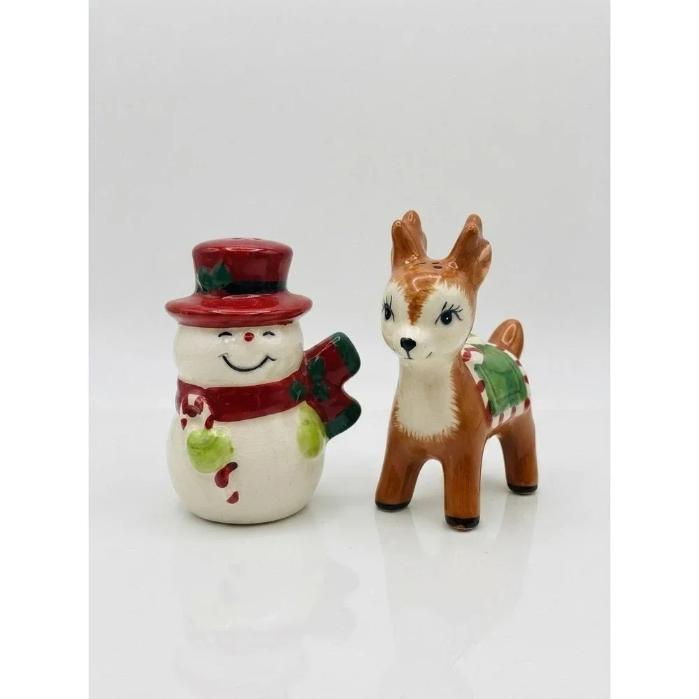 Vintage Christmas Snowman Reindeer Salt Pepper Shakers Ceramic Holiday Set